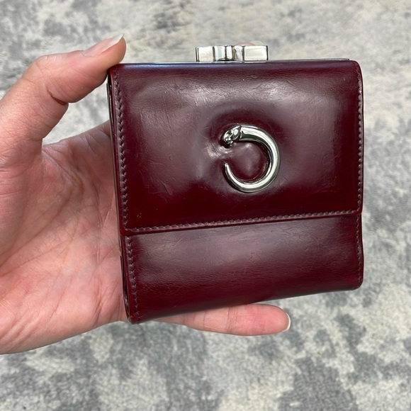 Cartier Bordeaux Panthere Glossy Leather Wallet Trifold Kisslock Compact - Picture 1 of 17